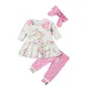 Baby Clothes Girls Floral Printed Clothing Sets Kids Ruffle Top Dot Pants Headband Suits Child Long Sleeve Warm Outfits Hairband Suit PY481