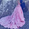 Pink Glamorous Evening Dresses Sexy V Neck Lace Appliques Satin Sleeveless Zipper Back Sweep Train Formal Prom Dresses Free Shipping