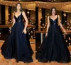 Navy Blue Elegancka linia Cekinowe suknie wieczorowe Cekinowe paski spaghetti Organza Formalne sukienki wieczorowe Suknie Specjalne okazje