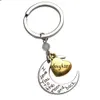 12 Stück/Lot neuer Schlüsselanhänger mit silbernem Mond, umwickelt mit goldenem Herz, Buchstaben für Familienangehörige, „Ich liebe dich bis zum Mond und zurück“, Schlüsselanhänger, 10 Designs