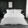 3 unids/set juego de cama de poliéster con volantes de estilo moderno, funda de almohada y funda nórdica, juegos de cama de encaje plisado, juego de ropa de cama blanca