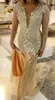 Luxury Beading Split Evening Dresses Arabic Gold Rhinestone Long Sleeve Sheer V neck Mermaid Prom Gowns Crystal Aso Ebi 2019 Pageant Dress