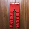 2018 New Mens Knee Zipper Jeans RedWhite Destroyed Ripped Hole Nightclubs Skinny Denim Pants Fashion Street Zipper Byxor