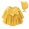 Abito da principessa in pizzo per bambina Primavera - Autunno Abbigliamento a maniche lunghe Neonato Nuovi vestiti da arrampicata Baby Tutu giallo Mini vestiti