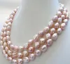 Hot Sale Noble-3 Strands Of Real Nature Lila Barock Freshwater Pearl Necklace 9-11mm