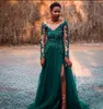 Sexy Hunter Green Saudi Arabic Prom Formal Dresses Evening Gowns Long Sleeves Lace Sequins Sheer Neck Nigerian Arabic Bridesmaid Dresses