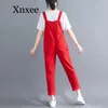 Monos vaqueros rojos para mujer, pantalones vaqueros con pechera, monos, monos informales con bolsillos, monos largos holgados para novio 1333i