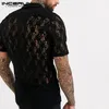 Incerun sommarmän spetsskjorta fast färg transparent kort ärm lapel fest nattklubb skjortor män casual smal mesh camisa 20204444544