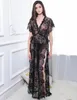 Yhotmeng sexy women's retro transparent blouse black lace print long straps nightdress set with underwear