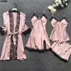 2020 Women Pajamas Sets Satin Sleepwear Silk 4 Pieces Nightwear Pyjama Spaghetti Strap Lace Sleep Lounge Pijama With Chest Pads