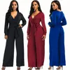 Women V neck Jumpsuit Wide Leg Pants solid Club Sexy Casual long sleeve Party office Ladies Rompers playsuit LJJA3096