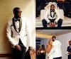 Handsome Two Pieces White Wedding Tuxedos Slim Fit Gold Pattern Laple Suits For Men One Button Groomsman Suit (Jacket+Pants+Bow Tie) HY6007