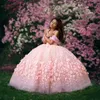 Roze kralen baljurk 3D geappliceerd bloem meisje jurk voor bruiloft tule eerste off schouder meisjes pageant jurken heilige communie jassen