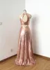 Real Images Sequined Bridesmaid Dresses Sheath Hollow Back Two Pieces Dresses Wedding Wear Rose Gold Maid Of The Honor Gowns4976351