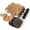 1B 27 Ombre mel loira pacotes de cabelo loiro com fechamento extensões de cabelo de onda de corpo indiano 4 pacotes com 4x4 encerramento de laço remy cabelo humano