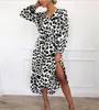 2020 women's leopard print dress, loose retro long-sleeved v-neck long-sleeved beach dress sexy party