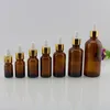 Dicke Tropfflasche aus bernsteinfarbenem Glas, 5–100 ml, mit Goldverschluss, Flaschen für ätherische Öle