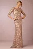 2020 Ny Bling Rose Gold Sequined Mor of the Bride Dresses Jewel Neck Lace Appliques Long Evening Party Dress Formal Bröllop Gästklänningar