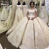 Nowy Luksusowy Dubaj Suknie Ślubne Suknie Ślubne Off Koronki Ramię Aplikacje Backless Krótkie Rękawy Draped Sweep Pociąg Formalne Suknie Ślubne