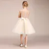 Champagne Flower Girl Dresses For Weddings Sheer Neck See Through Appliques Sash Short Girls Pageant Dress Child Birthday Prom Gowns