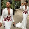 White Mermaid Sexy 2020 African Evening Dresses High Neck Long Sleeves Appliques Prom Dresses Deep V-neck Formal Party Gowns