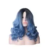 Ombre zwart blauw pruik Woodfestival krullende synthetisch haar middellange lengte cosplay pruiken voor vrouwen regenboog gekleurde vrouwelijke 18inches