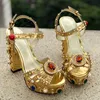 Hot Sale-Dies Diamond Pearl 14cm Chunky High Heel Open Peep-Toes European American Palace Platform Sandaler Skor Guld Storlek 35-42