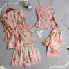 4 Piece Women Floral Sleepwear Set Spring Summer Thin Sleeping Robe+Top+Short+Pant Dot Flower Lace Sexy Pajamas Sets Homewear