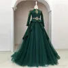 Green Tulle Dark A Line Evening New Arabe Sleeves Lace Applique Musulman Long Formal Prom Prom Wear Robes Robe de Mariee Rabic Pplique