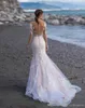 Voller Spitzenstrand Meerjungfrau Kleider applizierte lange Ärmel Bohemian Sweep Zug Hochzeitskleid Brautkleider Vestido de Novia