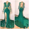 Donkergroene zeemeermin avondjurken zijde split lange mouwen gouden kant applicaties kralen diepe v-hals backless prom dress sexy robe de soiree