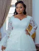 African Plus Size A Line Wedidng Dresses V Neck Lace Applique Chapel Train Long Sleeve Wedding Dress Bridal Gowns for Black Girls