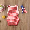 Ins sommar toddler kläder baby tjejer ärmlös usa självständighet dagar övergripande hårband spädbarn två styck set röda randiga jumpsuits d6415