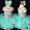 2020 Mint Baby Baby Korte Mini Cupcake Eerste Communie Baljurken Ruches Kristallen Steentjes Bloemenmeisje Peuter Optocht Dres236F