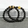 Nya uppsättningar Lion Head CZ Crown Beaded Armband Partihandel 10 uppsättningar / Parti 8mm Naturliga svarta Onyx Stenpärlor Män Smycken