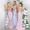 Boncuklu Mermaid Gelinlik Modelleri Spagetti sapanlar Boyun Dantel Hizmetçi Onur Abiye Sweep Tren Saten Wedding Guest Elbise çarpıcı