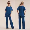 Royal Blue Beaded Mother Of The Bride Pant Suits Short Sleeves Two Pieces Wedding Guest Dress Chiffon Plus Size Mothers Groom Dresses