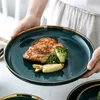 100% New Green Ceramic placa de ouro embutimento Placa Steak Food Louça bacia Ins jantar prato High End Porcelain Dinnerware Set