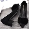 Real mink hair pointed toe dress shoes women winter plush round heels pumps high quality ladies fur high heeled sapato feminino