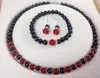 LIVRAISON GRATUITE Nouveau 7-8mm Perle Noire 8mm Rouge Collier 17 "Bracelet 7.5" Boucle D'oreille Se