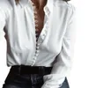 Hurtownie-topy i bluzki Elegent Button Koszulka V Neck Koszulki Biały Z Długim Rękaw Bluzka Tunika Kobiety Odzież Blua Feminina