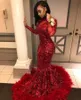 Black Girl Red Long Sleeve Mermaid Prom Dresses Collo alto con paillettes Appliques in pizzo Piuma inferiore Abiti da sera Abito da cerimonia formale BC1327