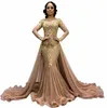 Champagne Overskirts Evening Dresses With O-Neck Lace Appliques Tulle Plus Size Prom Dress Long Sleeves Mother Of The Bride Gowns