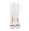 Plus Size 34 bis 42 43 44 Weiße Buld-Seidenschnürung mit ausgehöhlter offener Spitze, flacher Absatz, kniehohe Stiefel für Damen, Designer-Sandalen, mit Box
