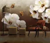 3d wallpape الأوروبي الحنين الأبيض الزهور ، الفراشات الملونة غرفة المعيشة خلفية الجدار الديكور جدارية خلفية