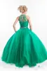 Glitz Emerald Green Girls Pageant Dresses Halter High Neck Tulle Beaded Crystals Kids Birthday Prom Gowns