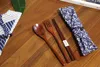 3ピース/セット自然木製食器衣装セット竹のフォークのお箸スープティースプーンケータリングカトラリーセット布袋の携帯用食器セット