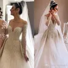 Luxury Pearls A Line Wedding Dresses Detachable Skirt Sheer Neck Long Sleeve Bridal Gowns Sweep Train robe de mariee Plus Size