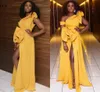 Sarı Yüksek Bölünmüş Gelinlik Modelleri Güney Afrika Ruffles Kapalı Omuz Abiye giyim Fermuar Geri Kat Uzunluk Kokteyl Parti Elbise