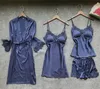 4 stks / partij Sexy Dames Robe Jurk Sets Kant Badjas + Nachtjurk Nachtkleding Womens Slaap Set Faux Silk Robe Femme Lingerie Set CX200606